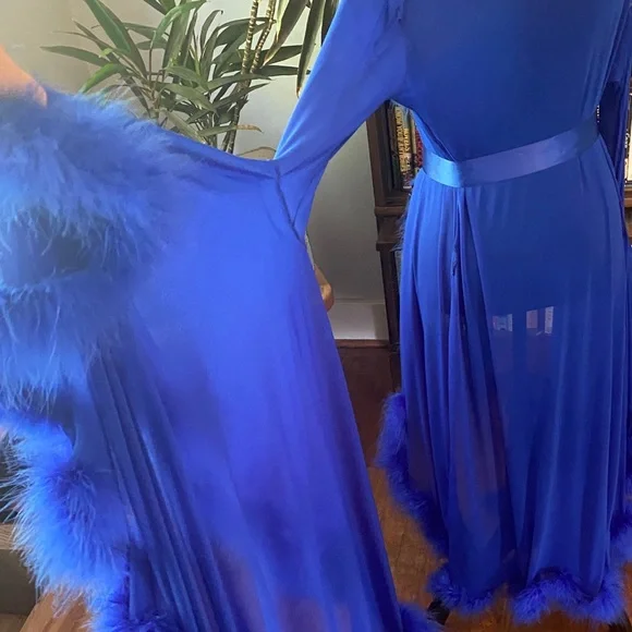 Elegant Blue Feathered Robe Vintage Lingerie - Picture 4 of 4